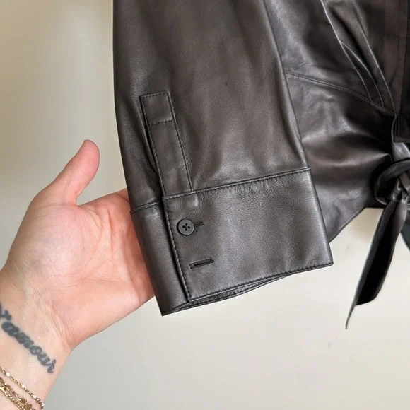 Lafayette 148 black/brown leather tie front jacket top size 10